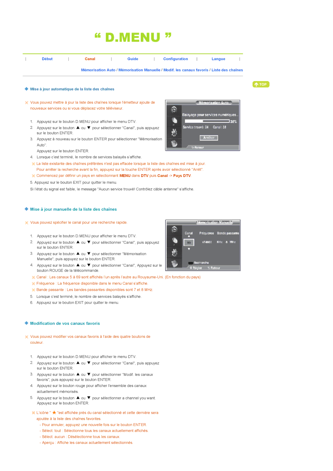 Samsung LS22CRDSF/EDC manual Mise à jour manuelle de la liste des chaînes, Modification de vos canaux favoris 