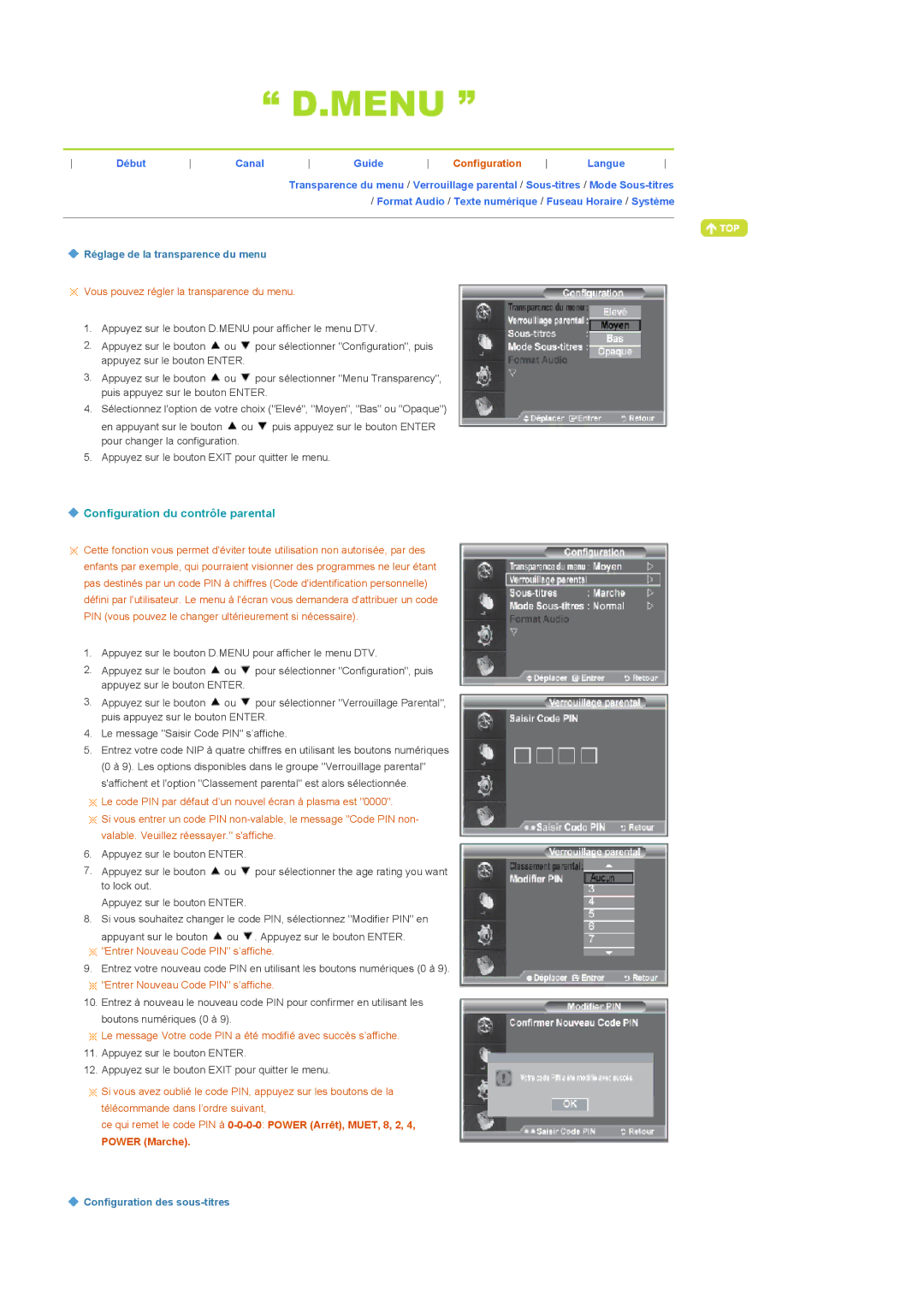 Samsung LS22CRDSF/EDC manual Configuration du contrôle parental, Début Canal Guide Configuration Langue 