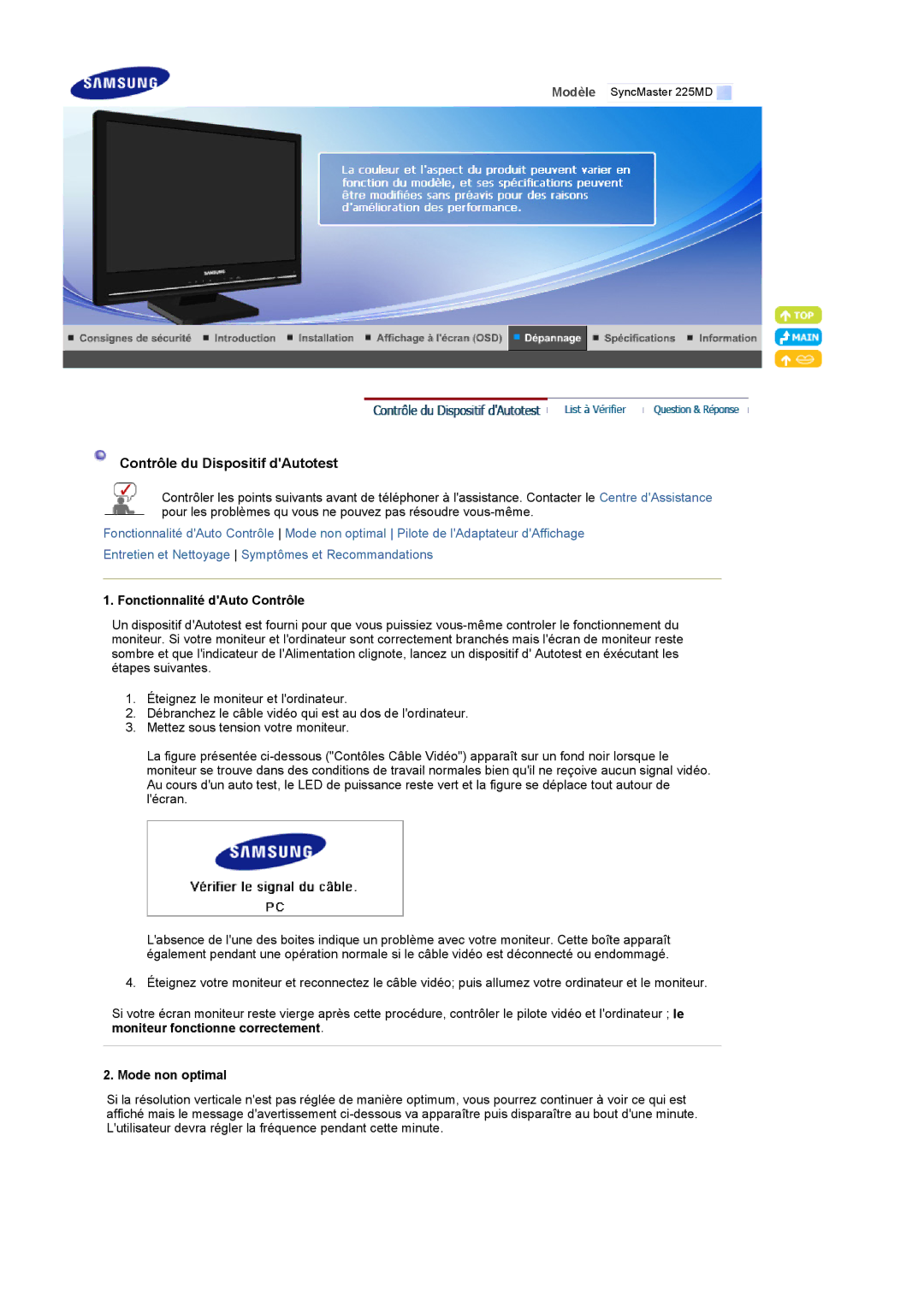 Samsung LS22CRDSF/EDC manual Contrôle du Dispositif dAutotest, Fonctionnalité dAuto Contrôle, Mode non optimal 