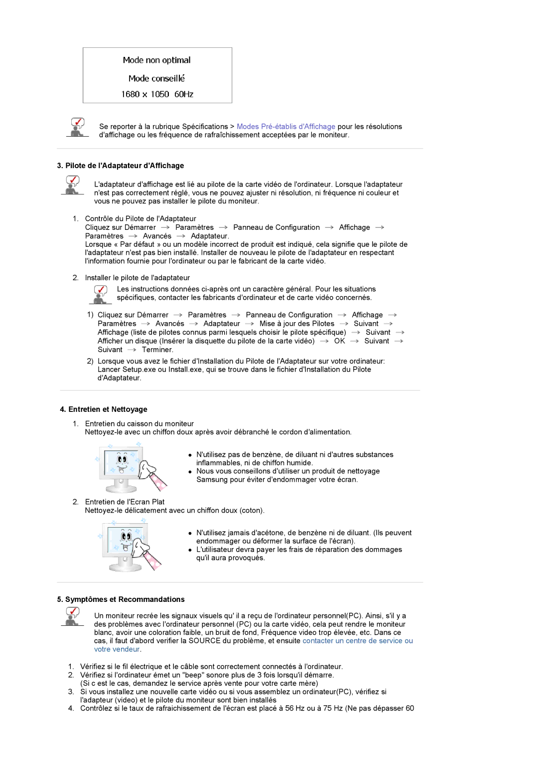 Samsung LS22CRDSF/EDC manual Pilote de lAdaptateur dAffichage, Entretien et Nettoyage, Symptômes et Recommandations 