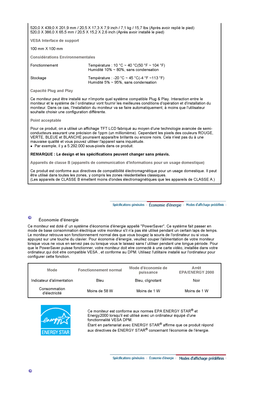 Samsung LS22CRDSF/EDC manual Économie dénergie, Considérations Environnementales 