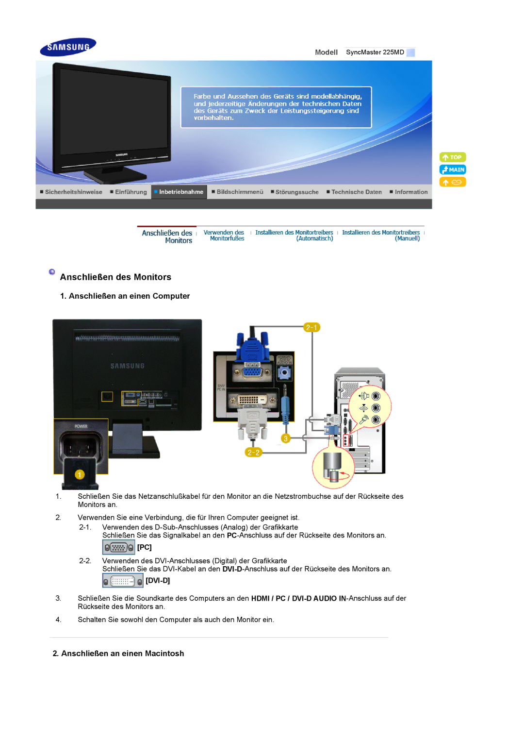 Samsung LS22CRDSF/EDC manual Anschließen an einen Computer, Anschließen an einen Macintosh 