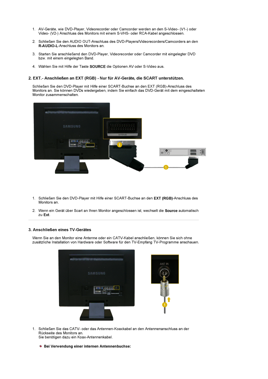 Samsung LS22CRDSF/EDC manual Anschließen eines TV-Gerätes, Bei Verwendung einer internen Antennenbuchse 