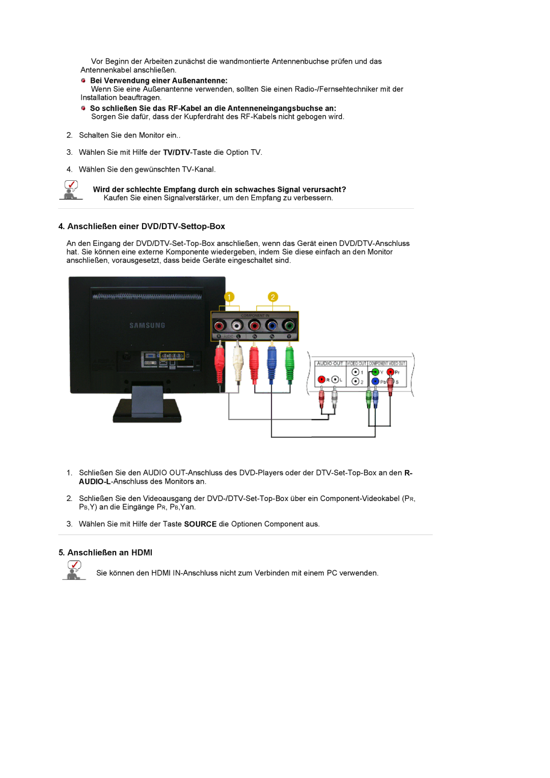 Samsung LS22CRDSF/EDC manual Anschließen einer DVD/DTV-Settop-Box, Anschließen an Hdmi, Bei Verwendung einer Außenantenne 