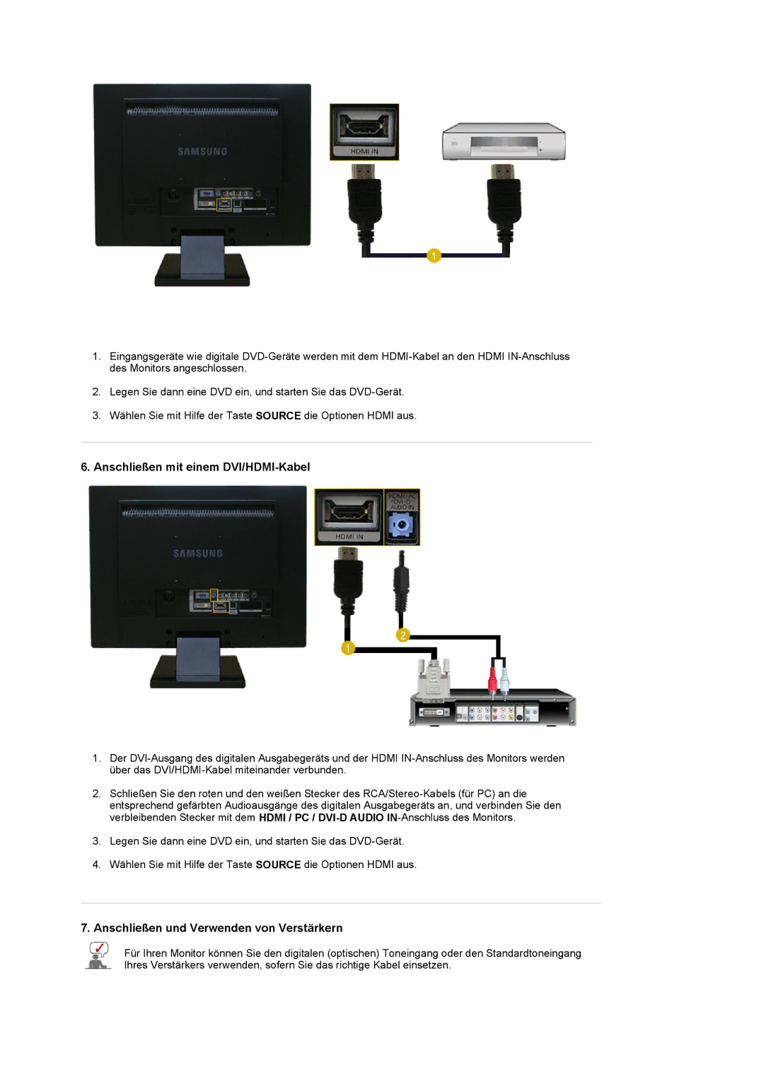 Samsung LS22CRDSF/EDC manual Anschließen mit einem DVI/HDMI-Kabel, Anschließen und Verwenden von Verstärkern 