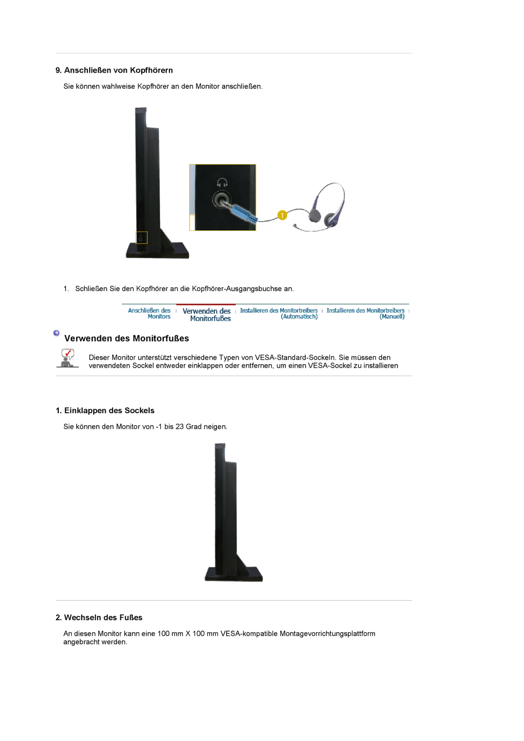 Samsung LS22CRDSF/EDC manual Anschließen von Kopfhörern, Einklappen des Sockels, Wechseln des Fußes 