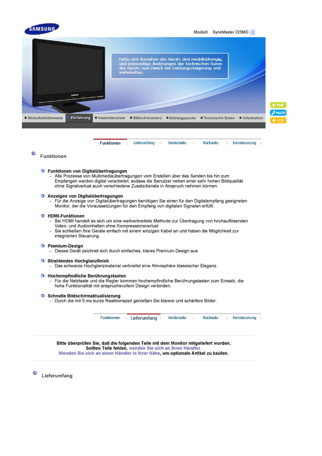 Samsung LS22CRDSF/EDC manual Funktionen, Lieferumfang 