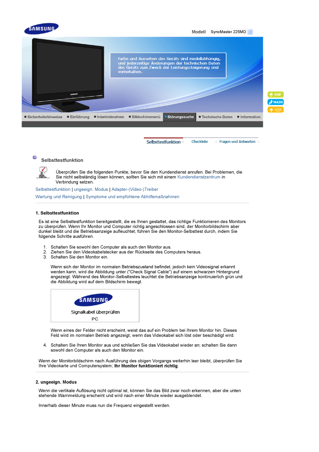 Samsung LS22CRDSF/EDC manual Selbsttestfunktion, Ungeeign. Modus 
