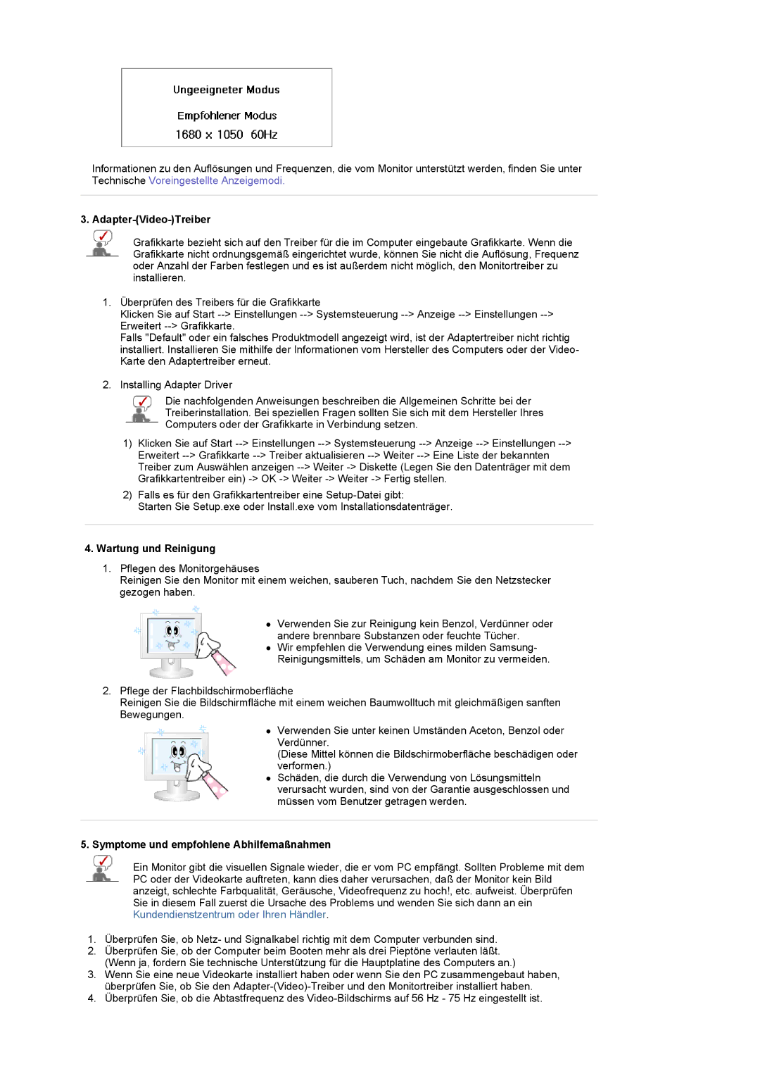 Samsung LS22CRDSF/EDC manual Adapter-Video-Treiber, Wartung und Reinigung, Symptome und empfohlene Abhilfemaßnahmen 