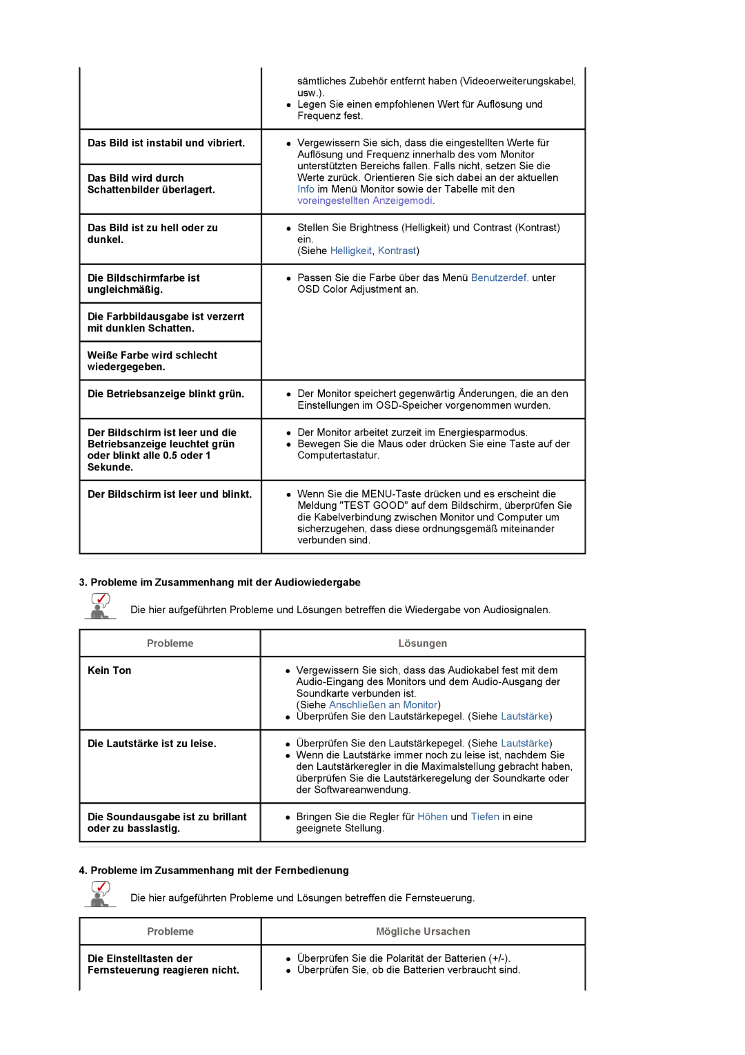 Samsung LS22CRDSF/EDC manual Das Bild ist instabil und vibriert, Probleme im Zusammenhang mit der Audiowiedergabe 