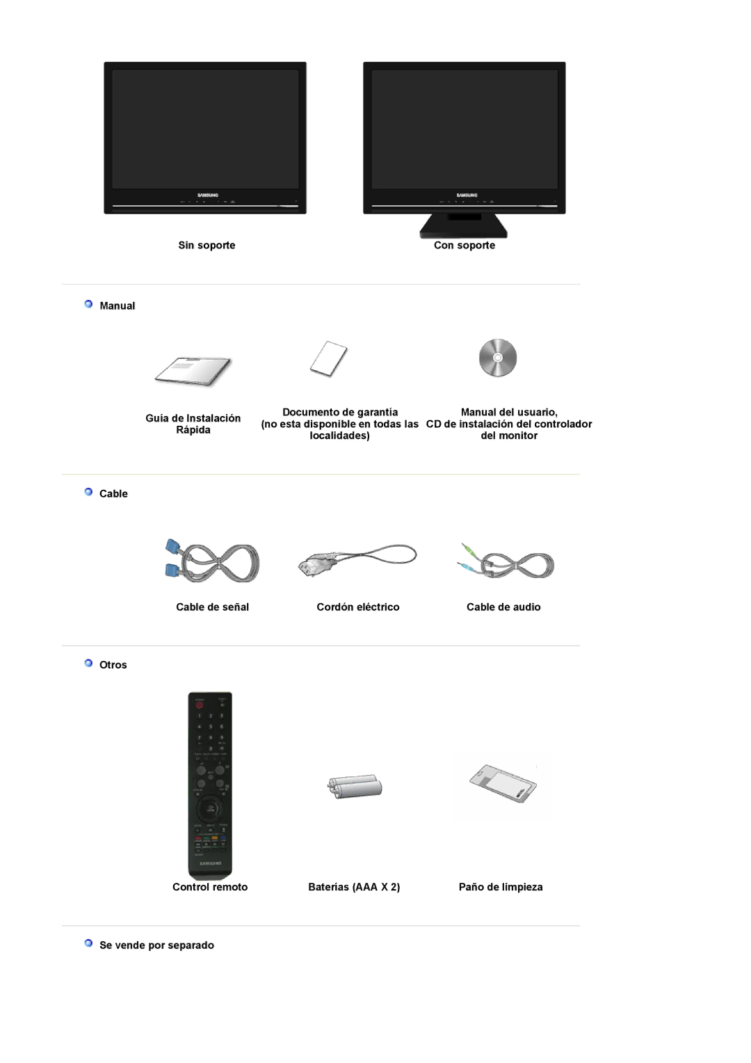 Samsung LS22CRDSF/EDC manual Sin soporte, Manual, Rápida, Cable Cable de señal Cordón eléctrico 