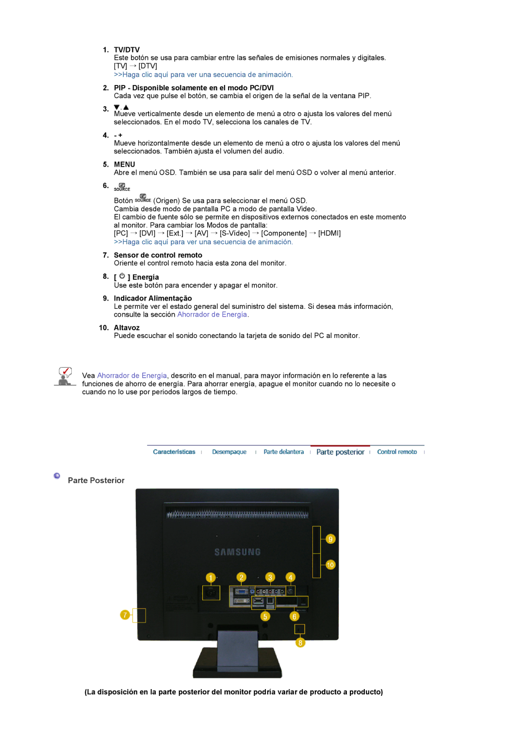 Samsung LS22CRDSF/EDC manual Parte Posterior, PIP Disponible solamente en el modo PC/DVI, Sensor de control remoto 