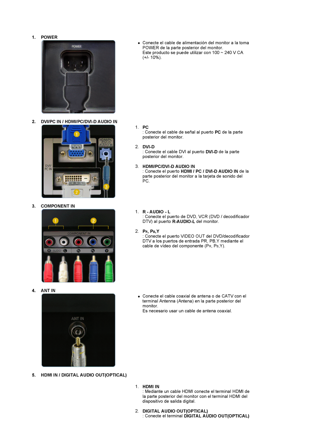 Samsung LS22CRDSF/EDC manual Power, DVI/PC in / HDMI/PC/DVI-D Audio, Component, Ant, Hdmi in / Digital Audio Outoptical 