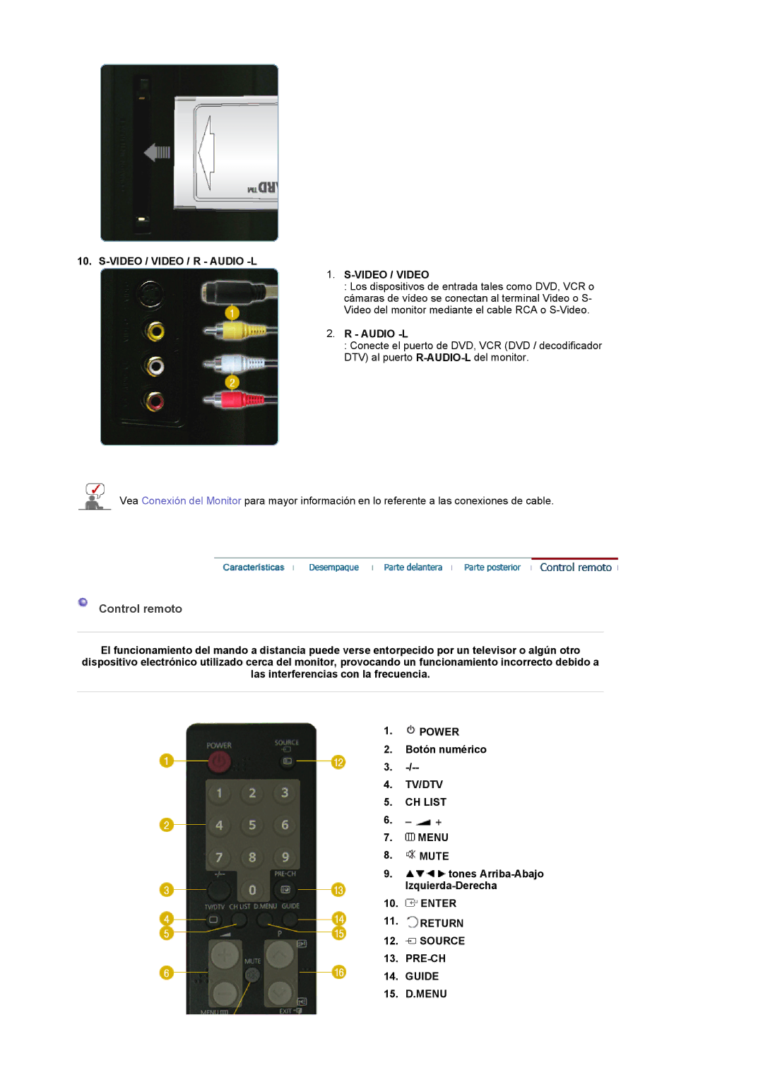 Samsung LS22CRDSF/EDC manual Control remoto, Video / Video / R Audio -L, TV/DTV CH List, Return, Guide 