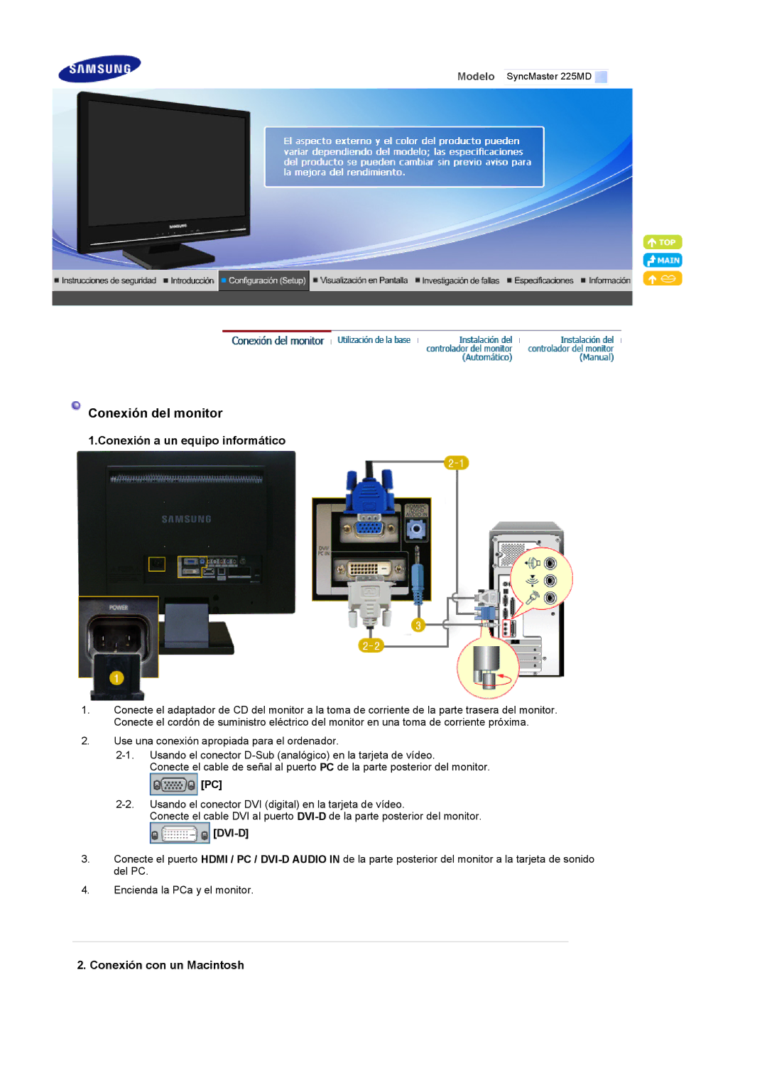 Samsung LS22CRDSF/EDC manual Conexión a un equipo informático, Conexión con un Macintosh 