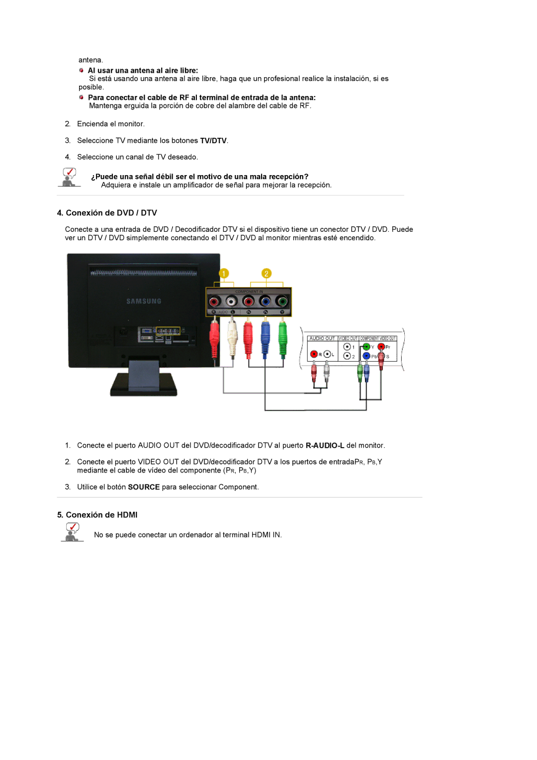 Samsung LS22CRDSF/EDC manual Conexión de DVD / DTV, Conexión de Hdmi, Al usar una antena al aire libre 