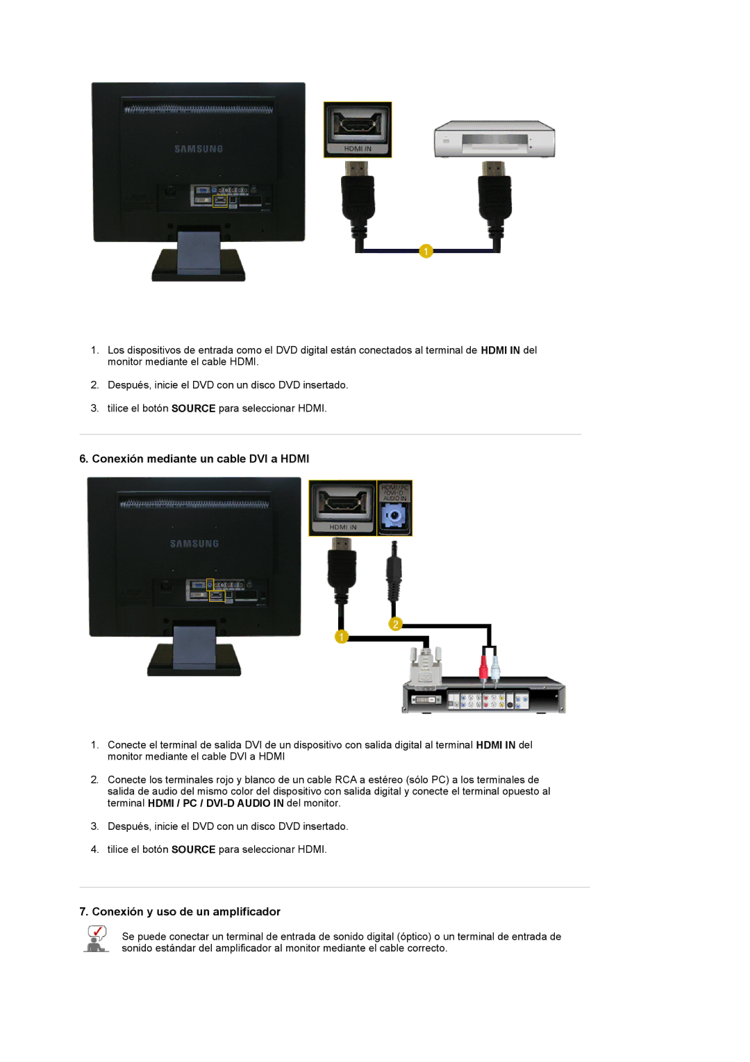 Samsung LS22CRDSF/EDC manual Conexión mediante un cable DVI a Hdmi, Conexión y uso de un amplificador 