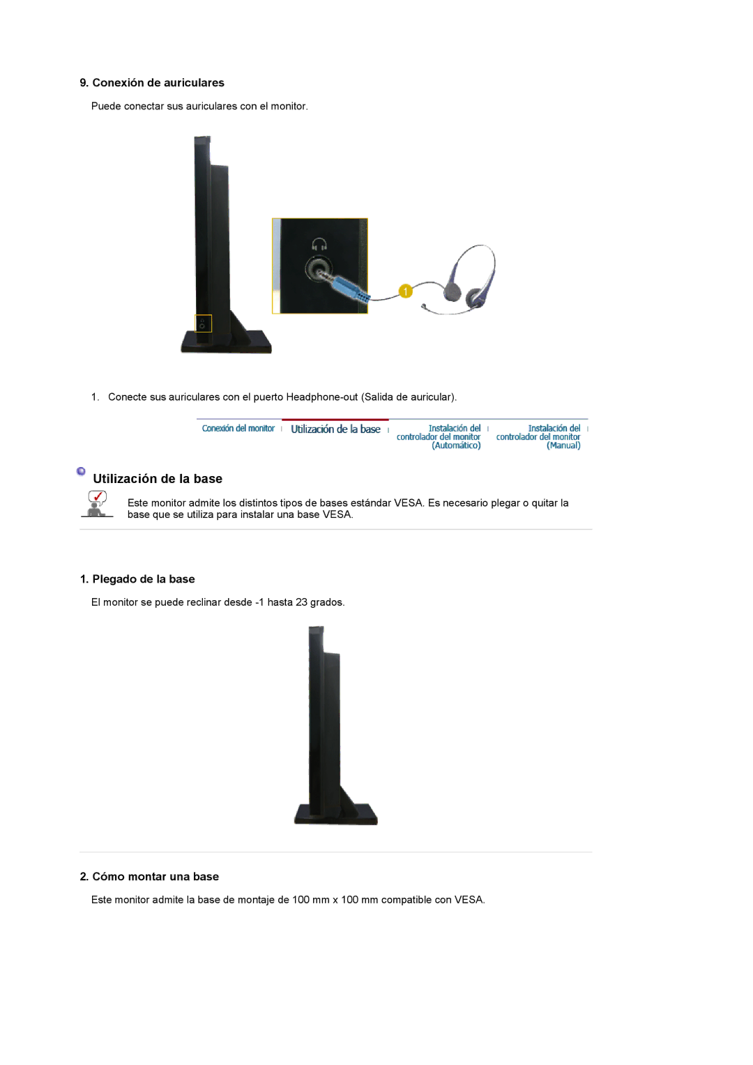 Samsung LS22CRDSF/EDC manual Conexión de auriculares, Plegado de la base, Cómo montar una base 