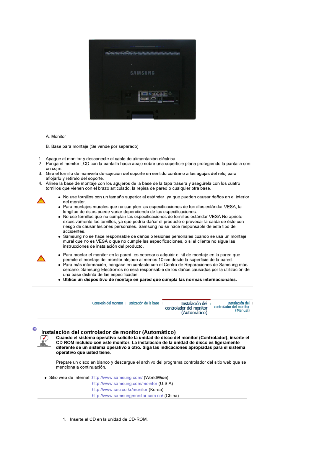 Samsung LS22CRDSF/EDC manual Instalación del controlador de monitor Automático 