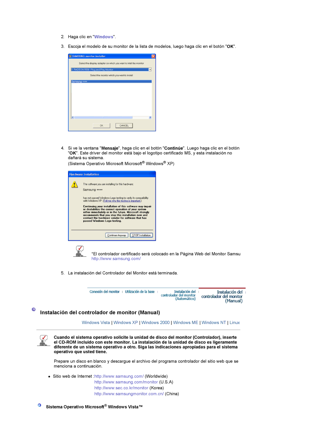 Samsung LS22CRDSF/EDC manual Instalación del controlador de monitor Manual, Sistema Operativo Microsoft Windows Vista 