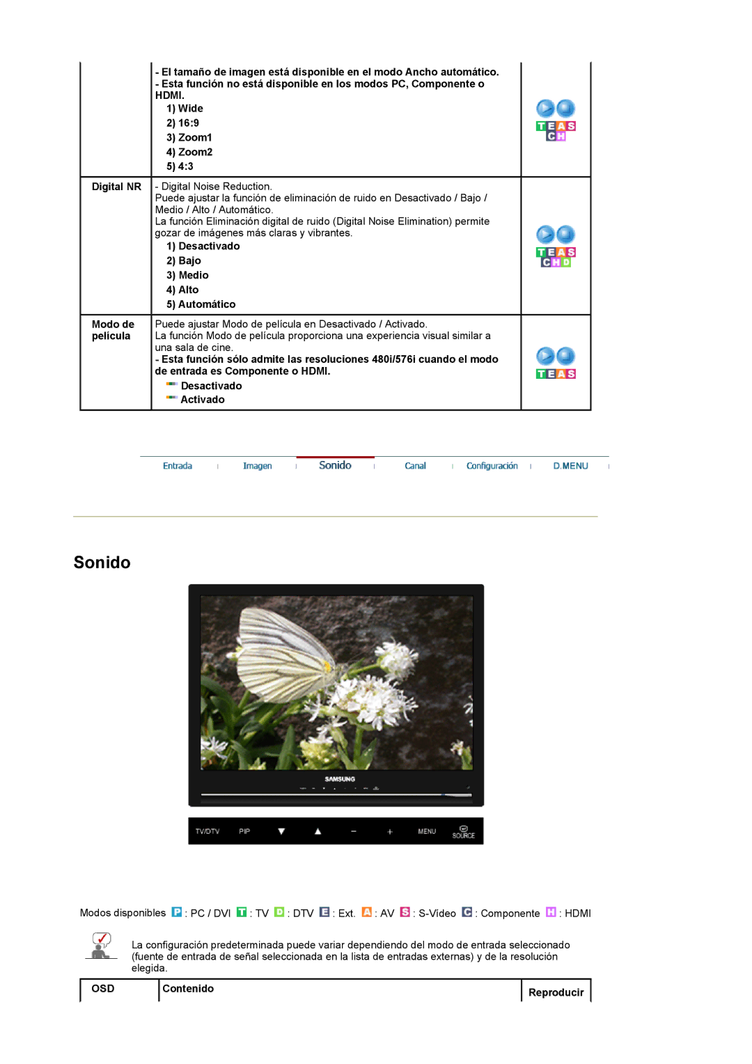 Samsung LS22CRDSF/EDC manual Sonido, Desactivado Bajo Medio Alto Automático 