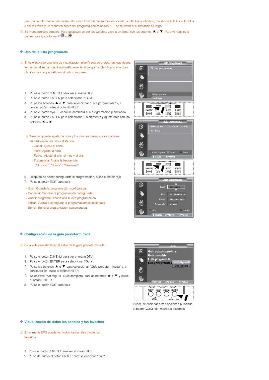 Samsung LS22CRDSF/EDC manual Uso de la lista programada, Configuración de la guía predeterminada 