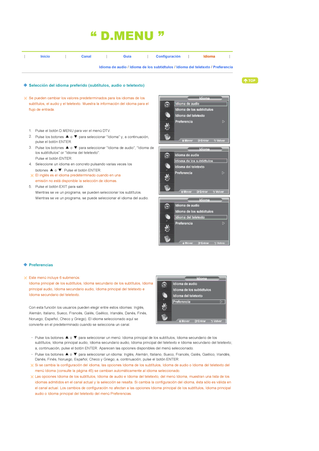 Samsung LS22CRDSF/EDC manual Selección del idioma preferido subtítulos, audio o teletexto, Preferencias 