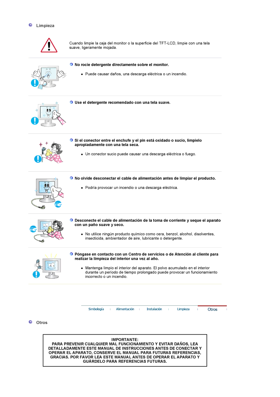 Samsung LS22CRDSF/EDC manual Limpieza, Otros, No rocíe detergente directamente sobre el monitor 