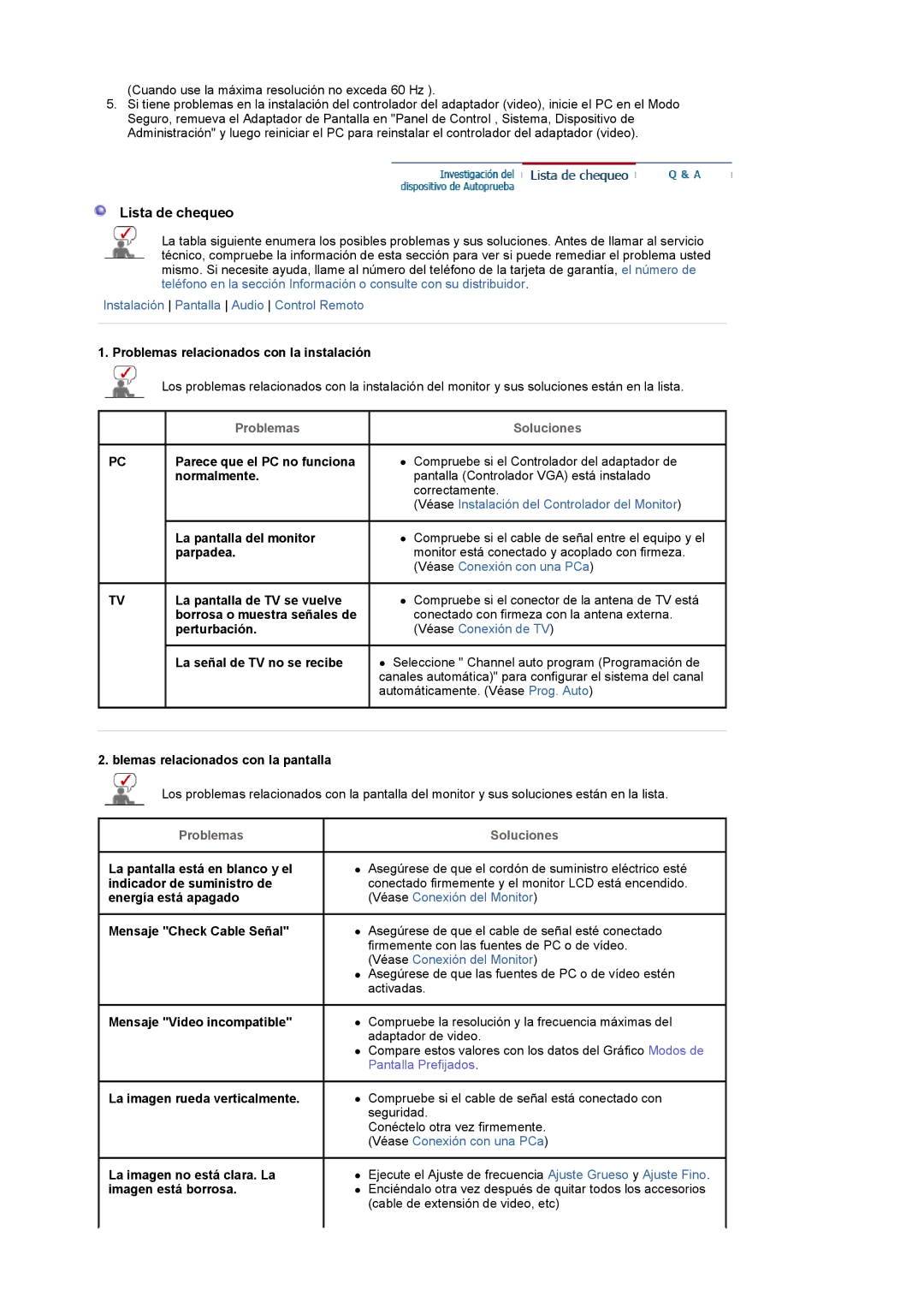 Samsung LS22CRDSF/EDC manual Lista de chequeo, Problemas, Soluciones 