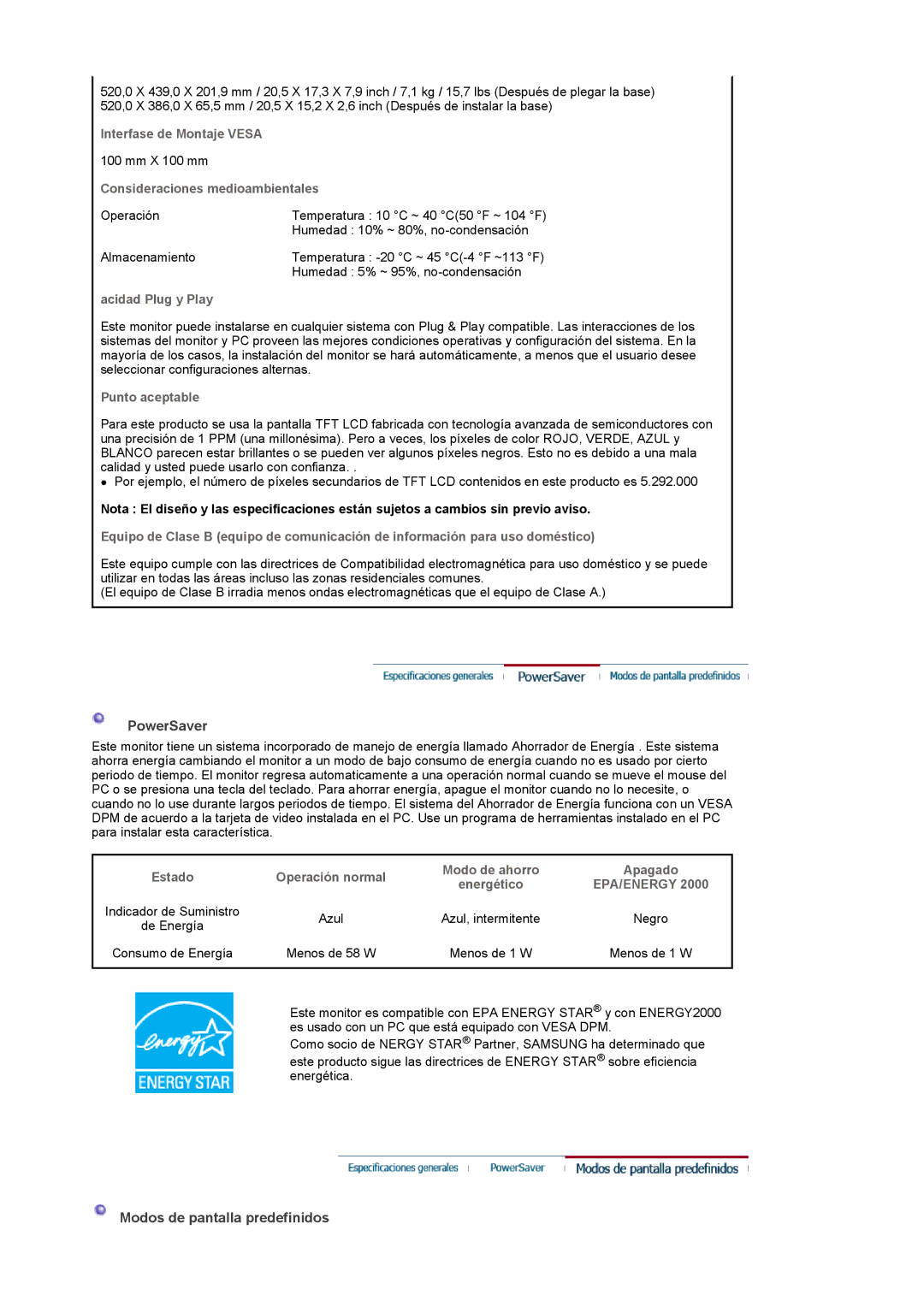 Samsung LS22CRDSF/EDC manual PowerSaver, Modos de pantalla predefinidos 