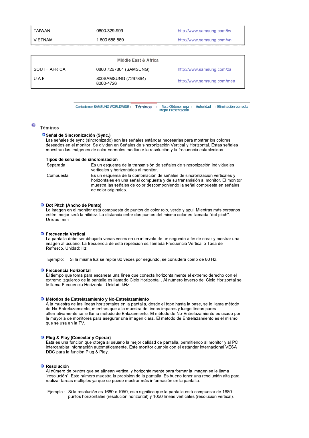 Samsung LS22CRDSF/EDC manual Téminos, Middle East & Africa 