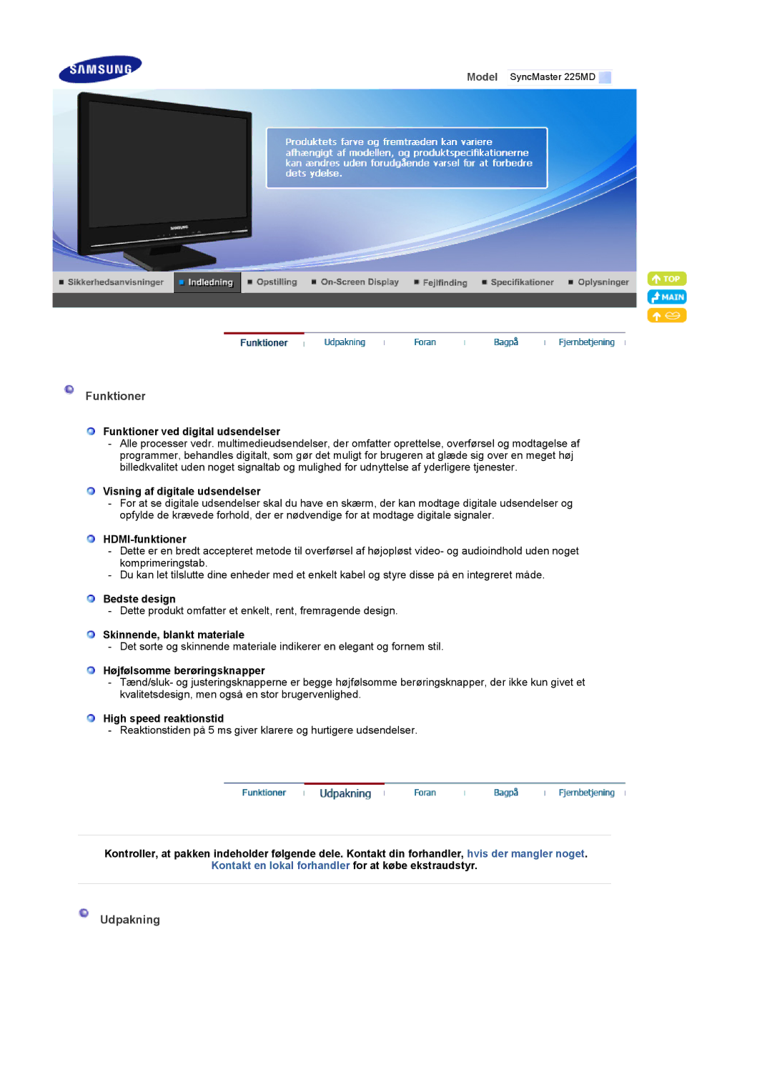 Samsung LS22CRDSF/EDC manual Funktioner, Udpakning 