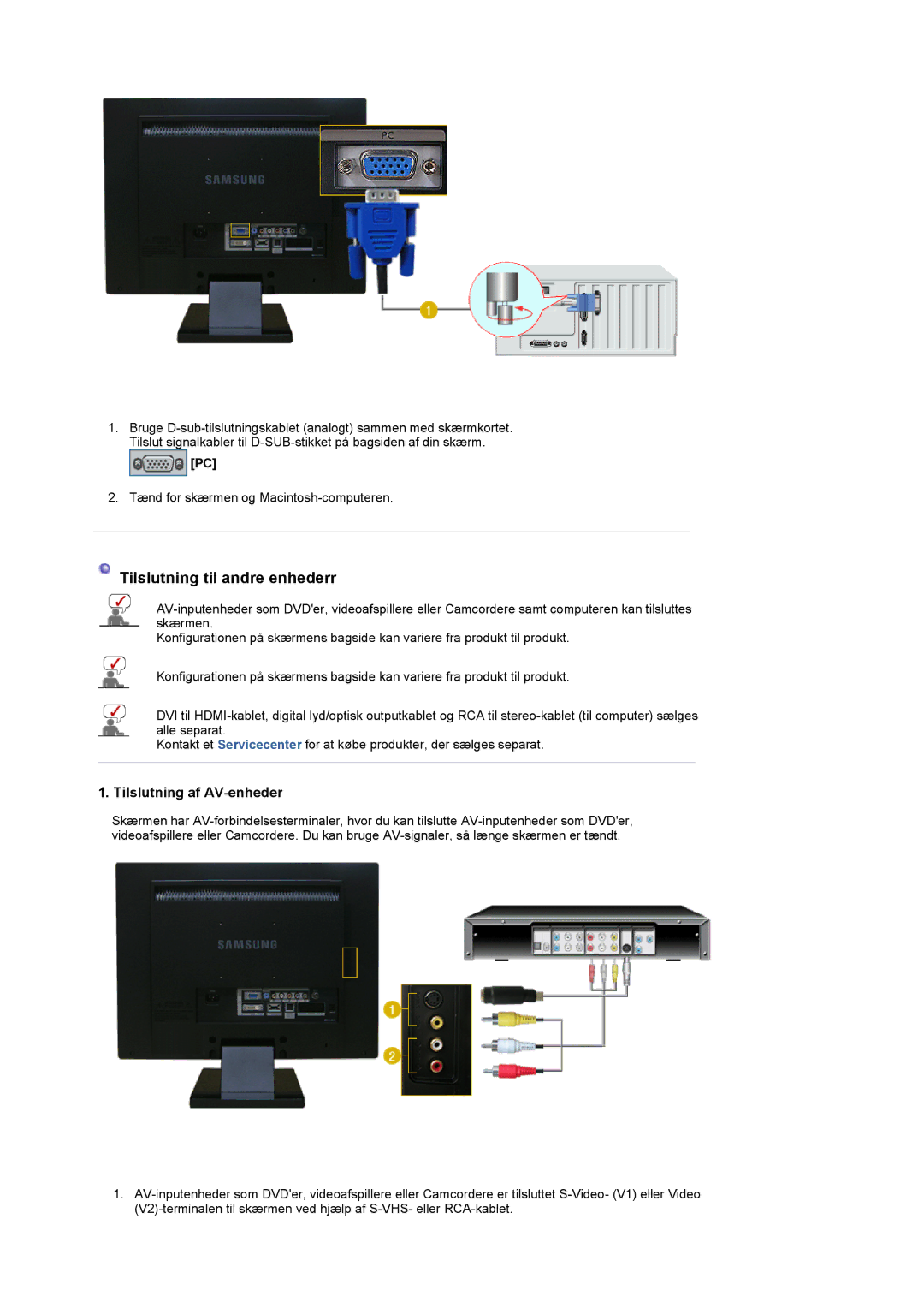 Samsung LS22CRDSF/EDC manual Tilslutning til andre enhederr, Tilslutning af AV-enheder 