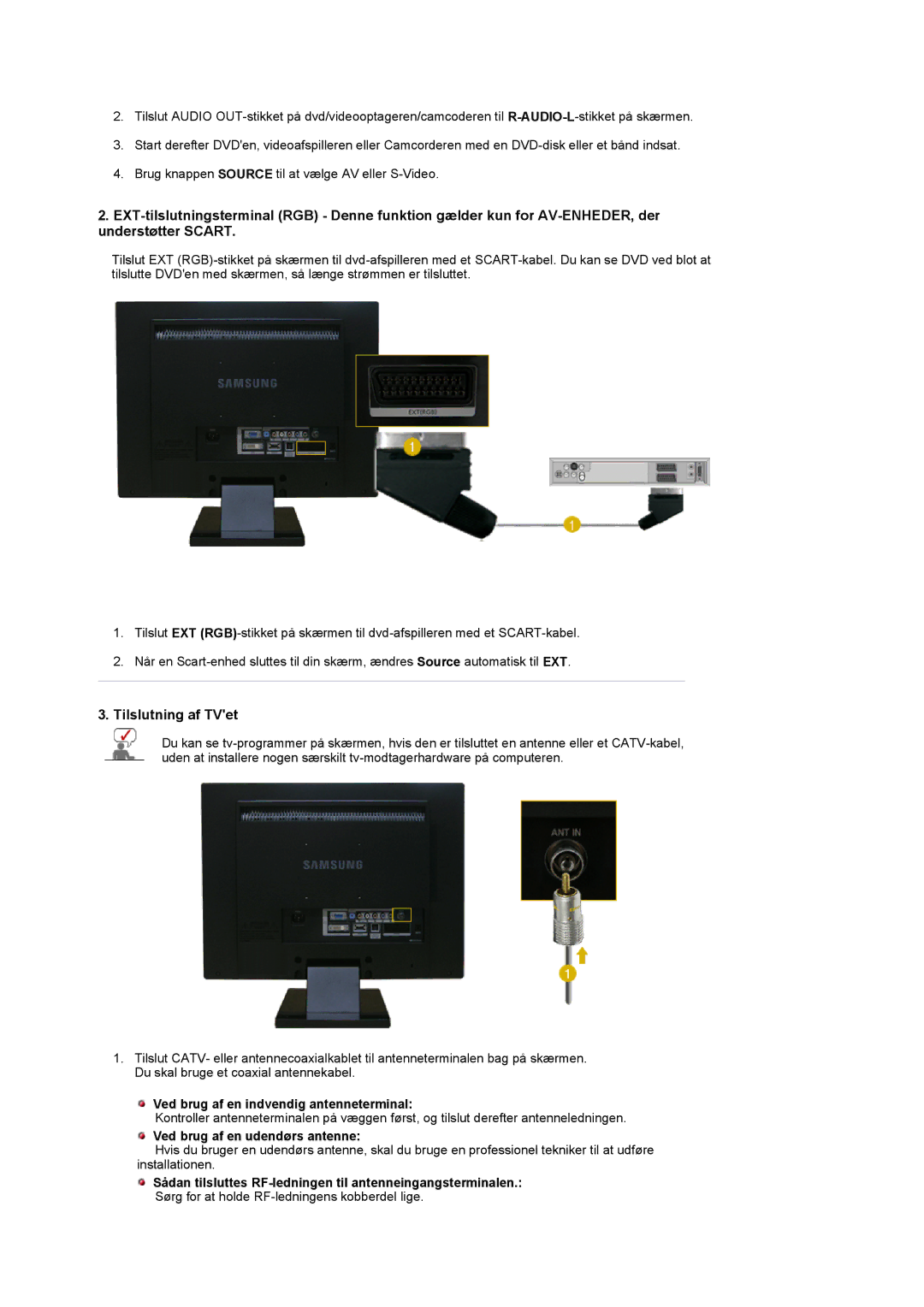 Samsung LS22CRDSF/EDC manual Tilslutning af TVet, Ved brug af en indvendig antenneterminal, Ved brug af en udendørs antenne 