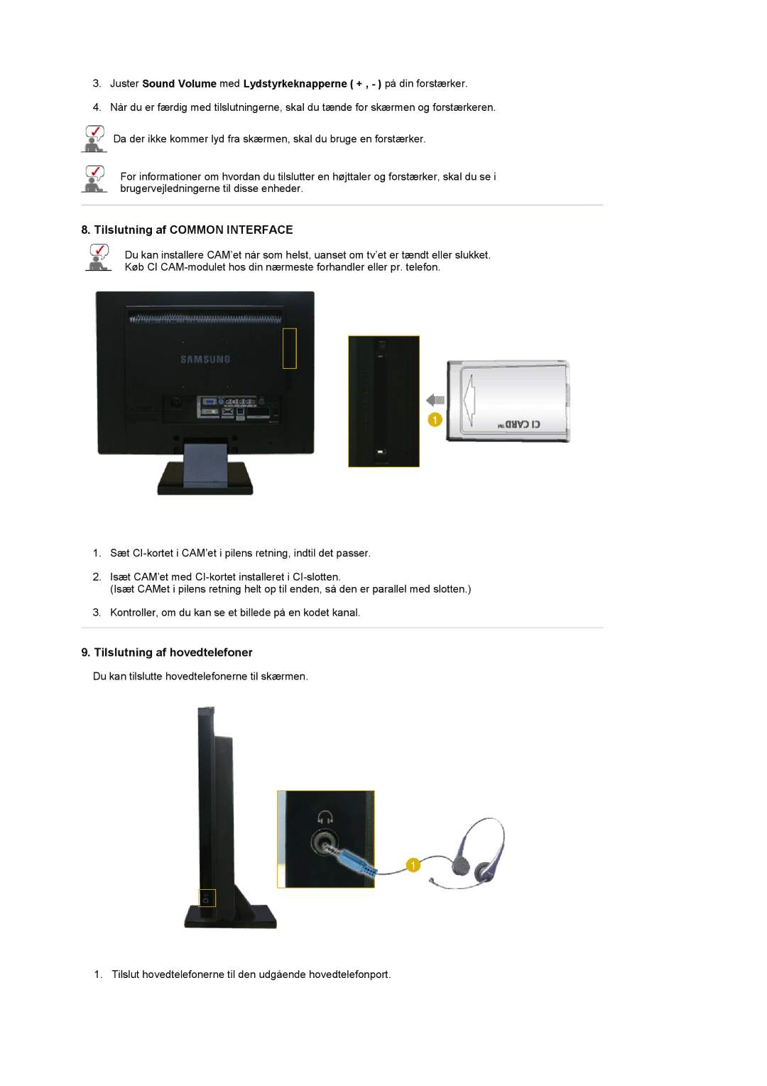 Samsung LS22CRDSF/EDC manual Tilslutning af Common Interface, Tilslutning af hovedtelefoner 