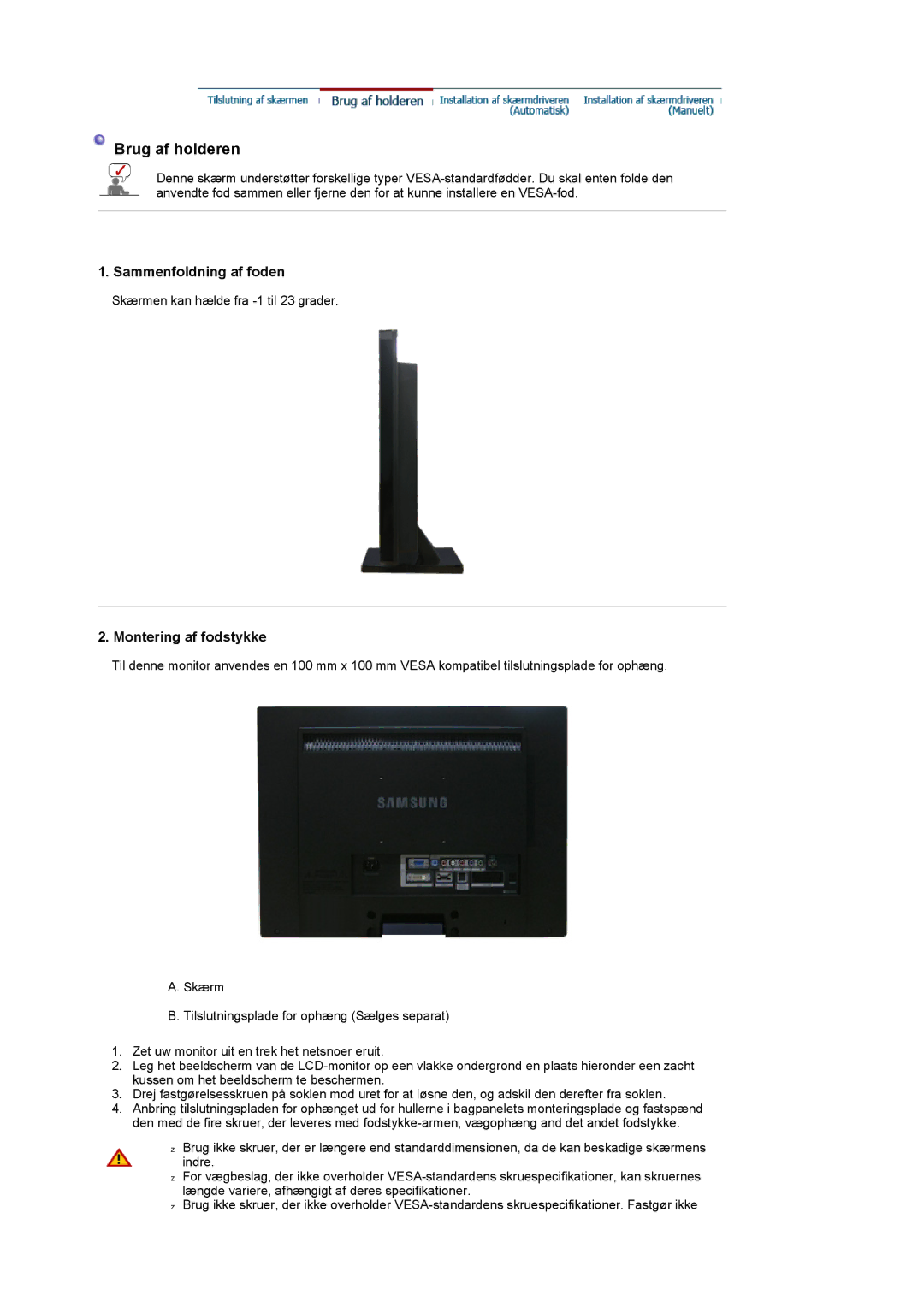 Samsung LS22CRDSF/EDC manual Sammenfoldning af foden, Montering af fodstykke 