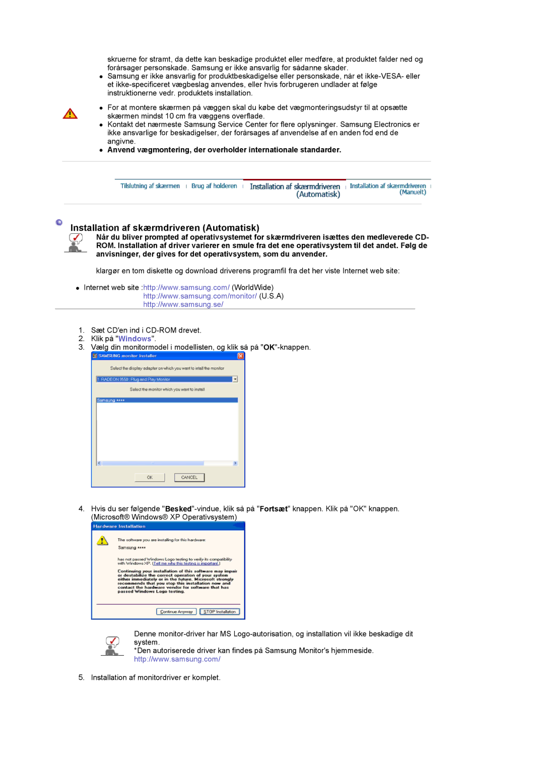 Samsung LS22CRDSF/EDC manual Installation af skærmdriveren Automatisk 