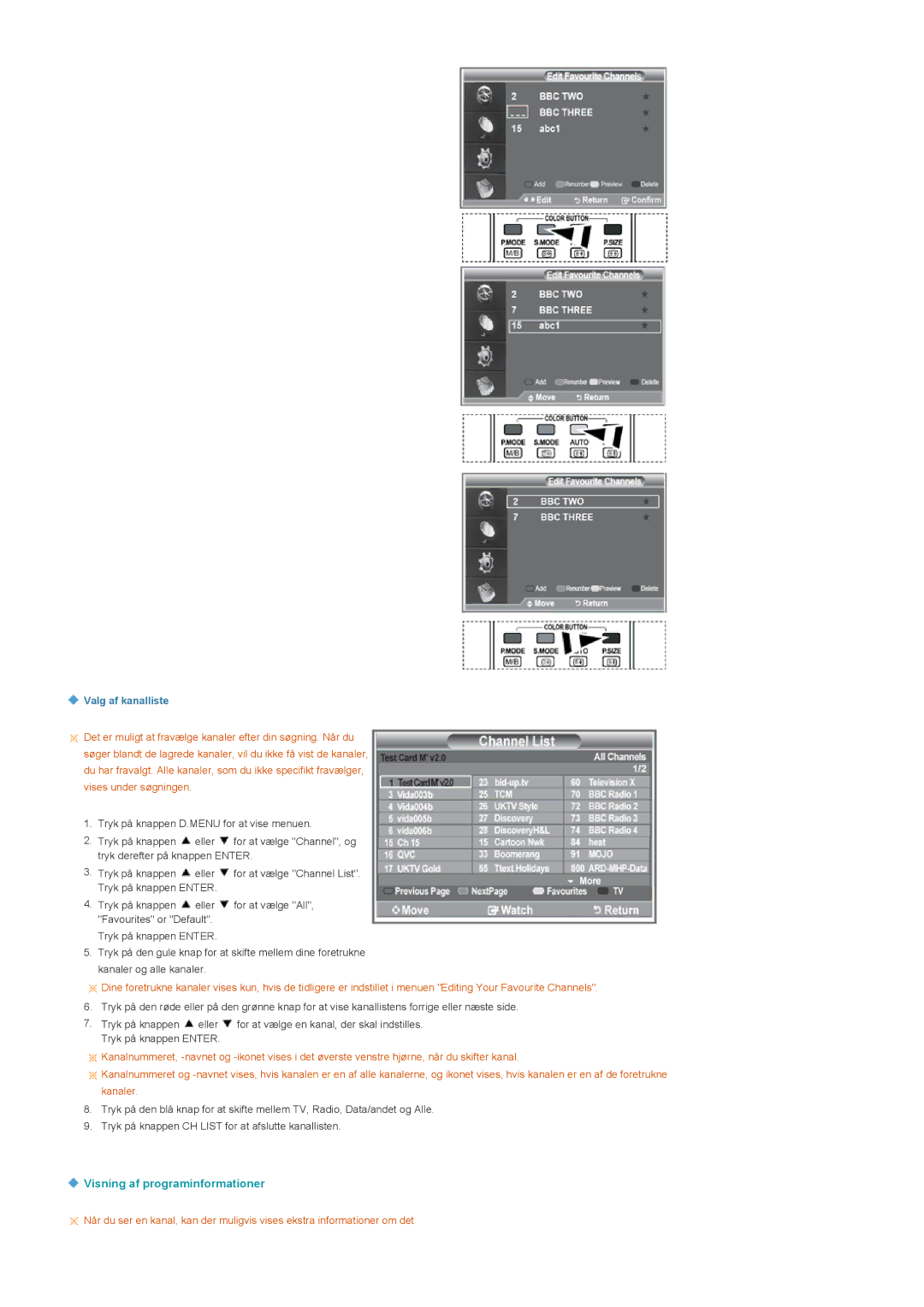 Samsung LS22CRDSF/EDC manual Visning af programinformationer, Valg af kanalliste 