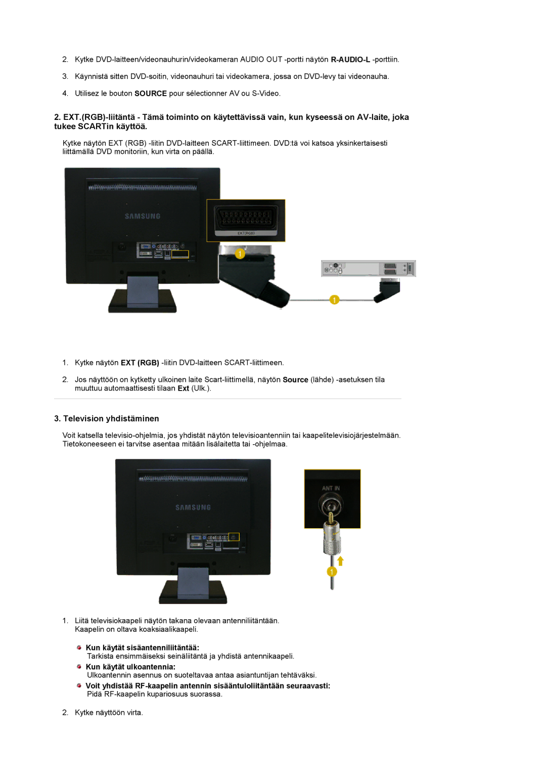 Samsung LS22CRDSF/EDC manual Television yhdistäminen, Kun käytät sisäantenniliitäntää, Kun käytät ulkoantennia 