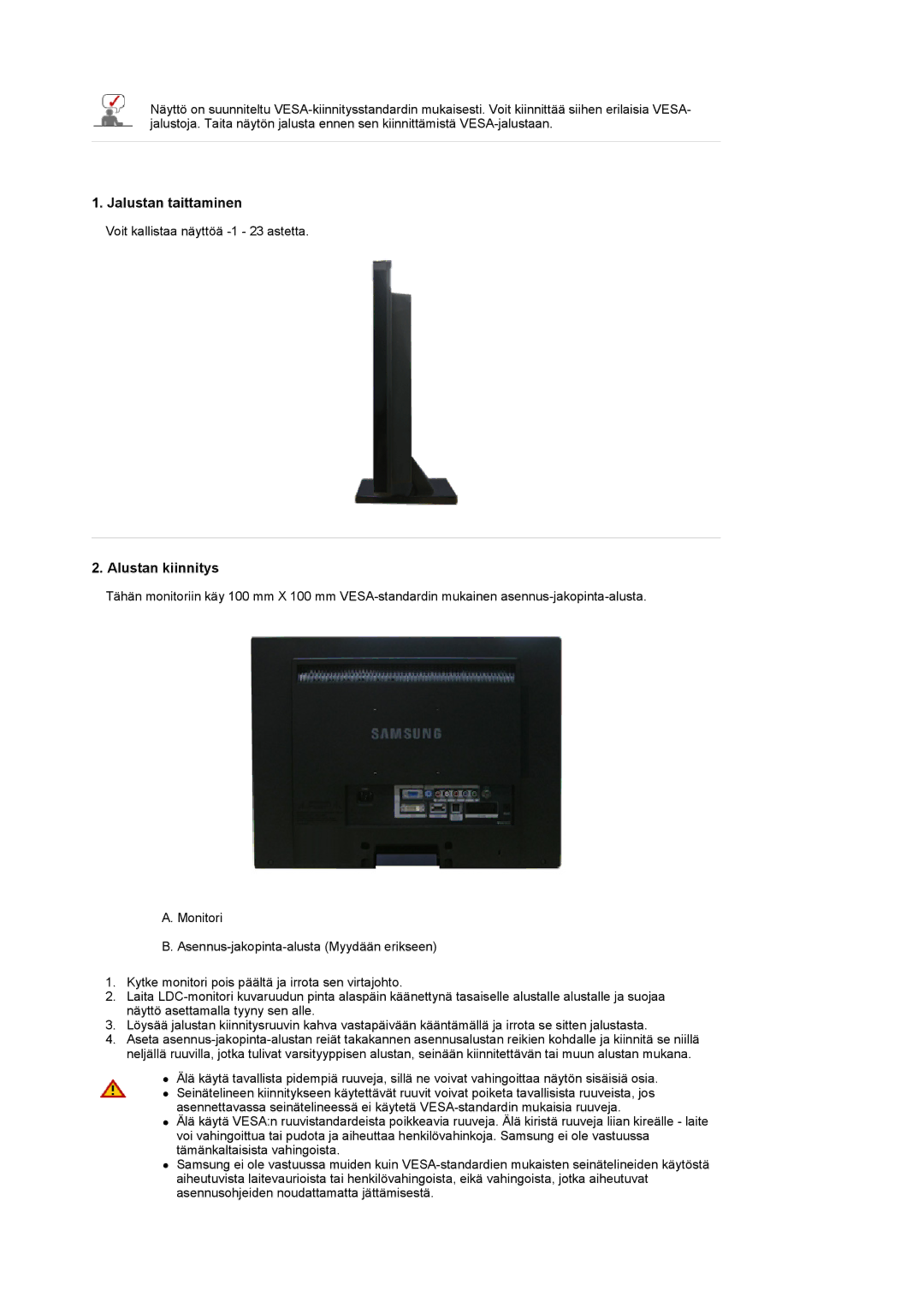 Samsung LS22CRDSF/EDC manual Jalustan taittaminen, Alustan kiinnitys 