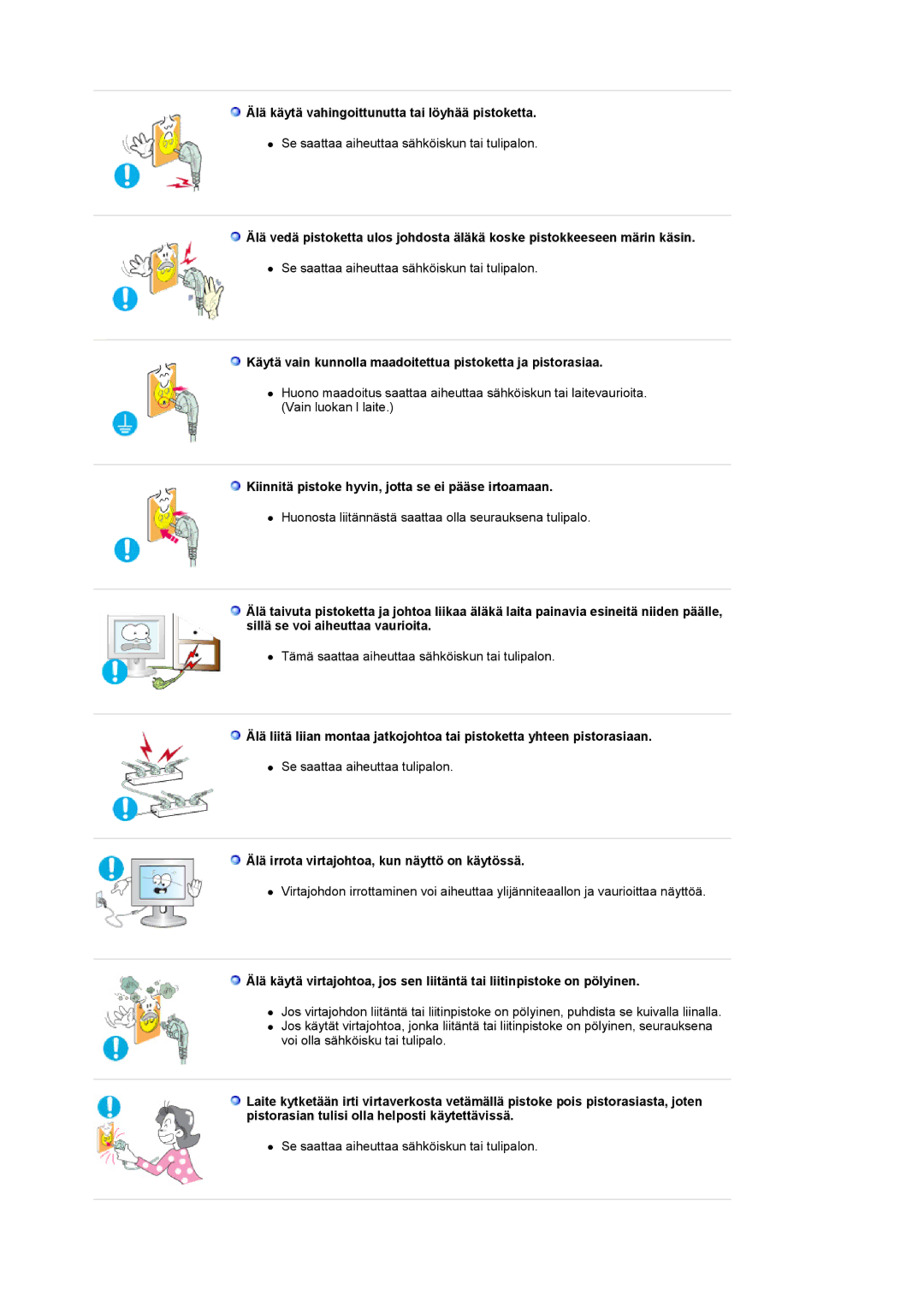 Samsung LS22CRDSF/EDC Älä käytä vahingoittunutta tai löyhää pistoketta, Älä irrota virtajohtoa, kun näyttö on käytössä 