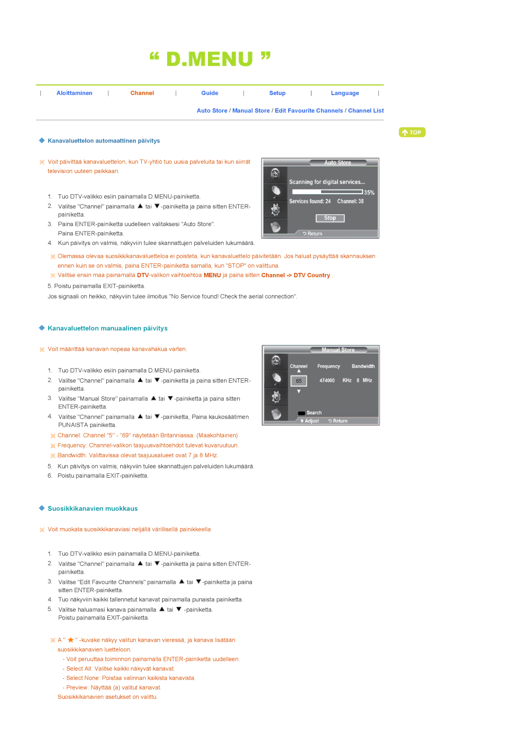 Samsung LS22CRDSF/EDC manual Kanavaluettelon manuaalinen päivitys, Suosikkikanavien muokkaus 