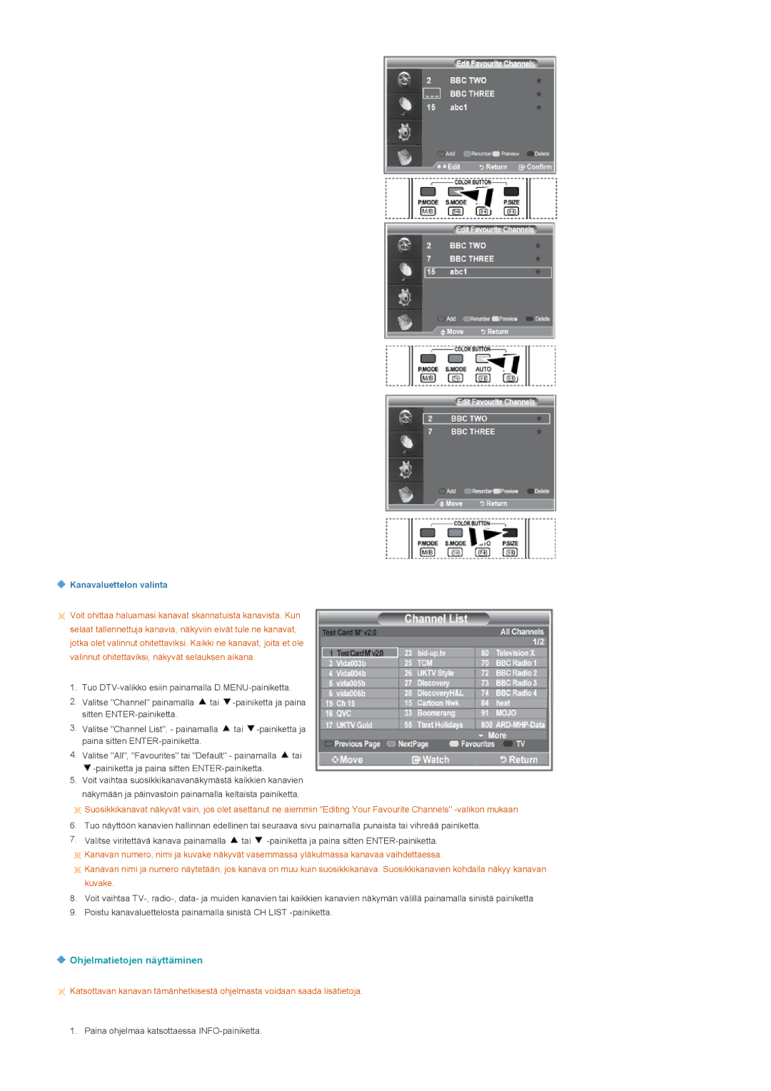 Samsung LS22CRDSF/EDC manual Ohjelmatietojen näyttäminen, Kanavaluettelon valinta 