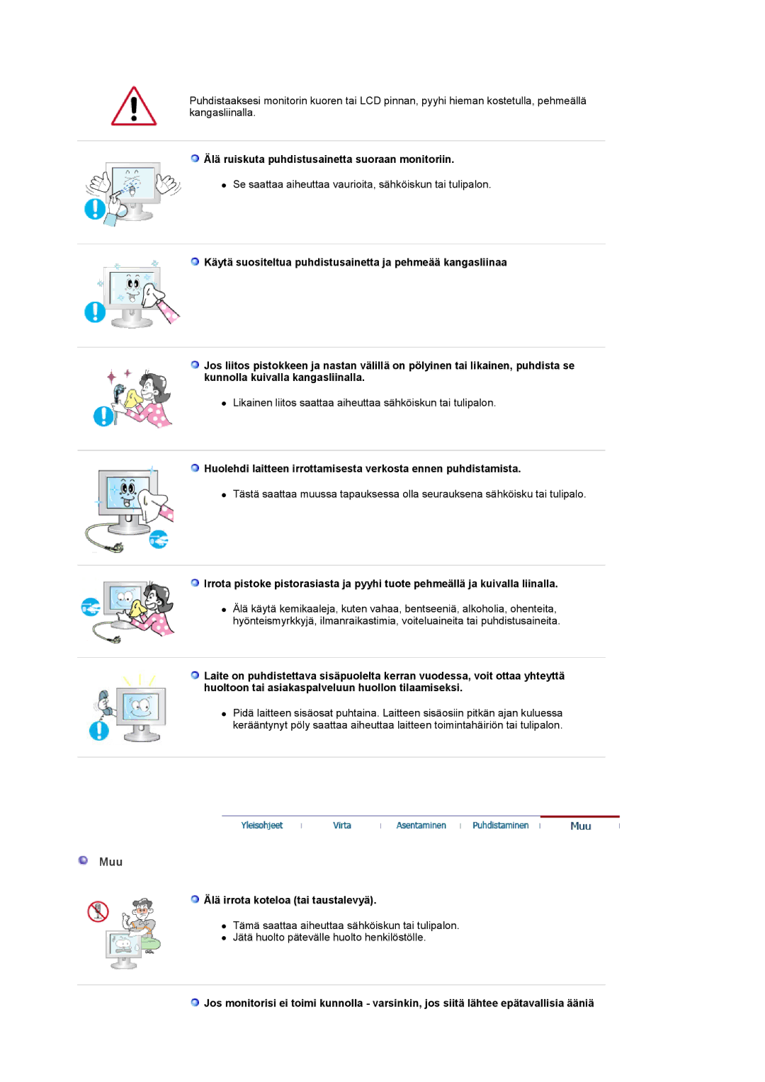 Samsung LS22CRDSF/EDC manual Muu, Älä ruiskuta puhdistusainetta suoraan monitoriin, Älä irrota koteloa tai taustalevyä 