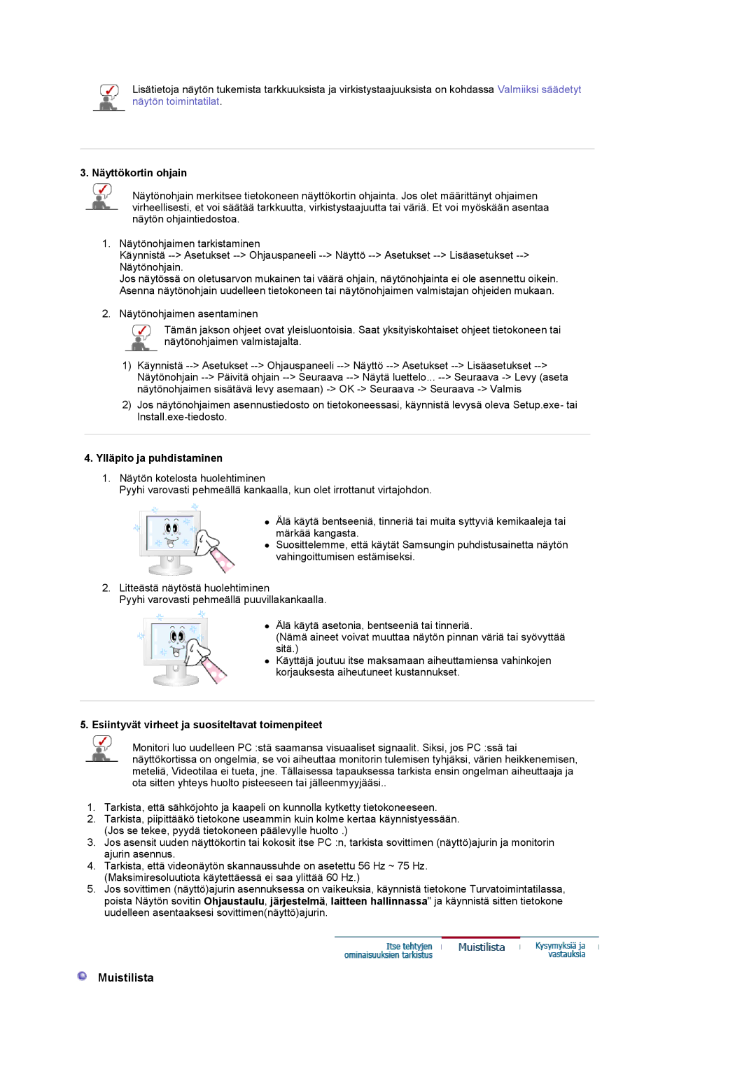 Samsung LS22CRDSF/EDC manual Muistilista, Näyttökortin ohjain, Ylläpito ja puhdistaminen 