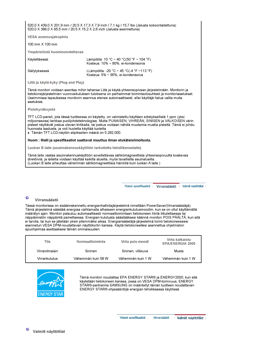 Samsung LS22CRDSF/EDC manual Virransäästö, Valmiit näyttötilat 