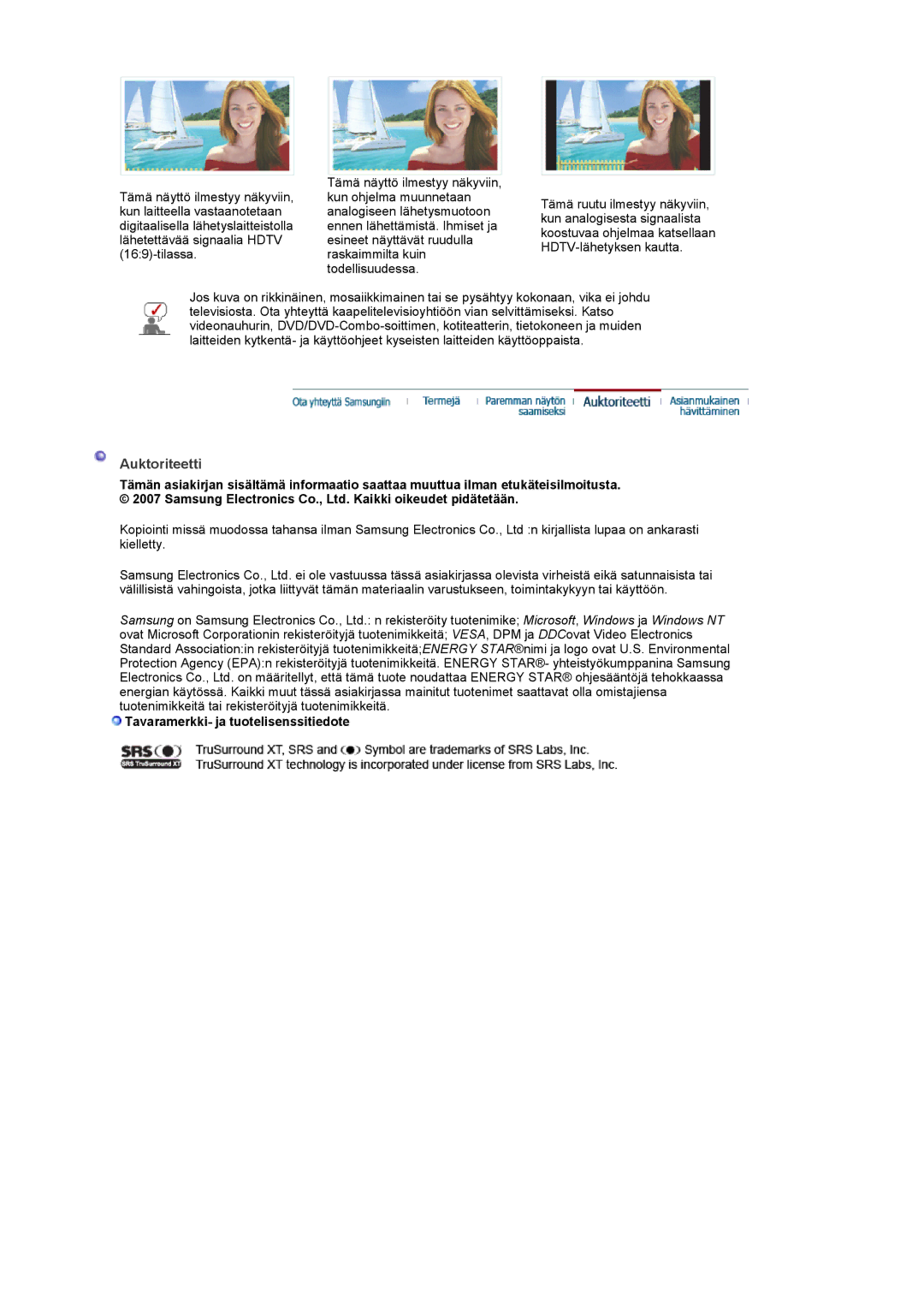 Samsung LS22CRDSF/EDC manual Auktoriteetti, Tavaramerkki- ja tuotelisenssitiedote 