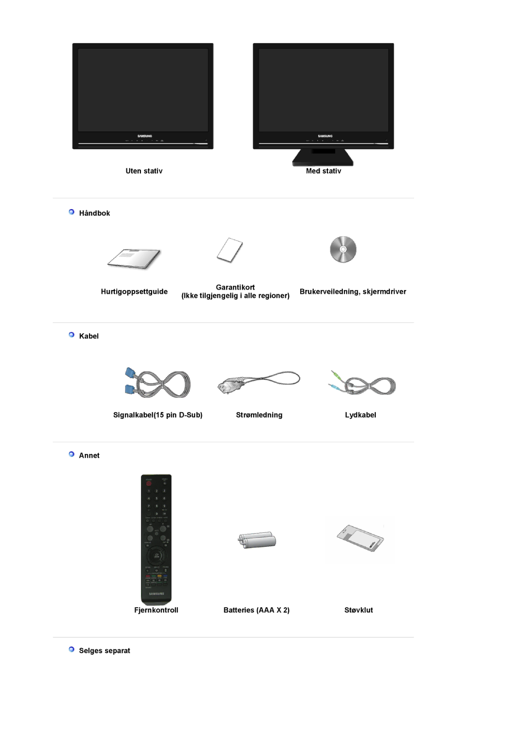 Samsung LS22CRDSF/EDC Uten stativ, Håndbok Hurtigoppsettguide, Kabel Signalkabel15 pin D-Sub Strømledning, Selges separat 