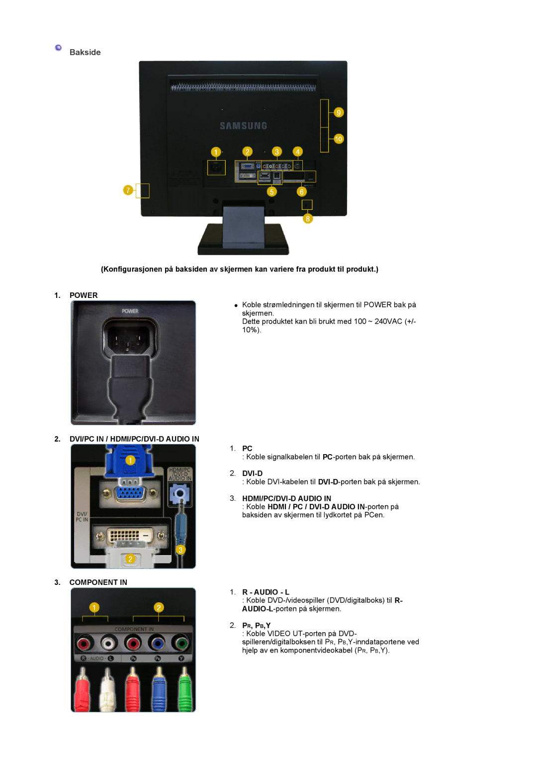 Samsung LS22CRDSF/EDC manual Bakside, Power, DVI/PC in / HDMI/PC/DVI-D Audio, Component 