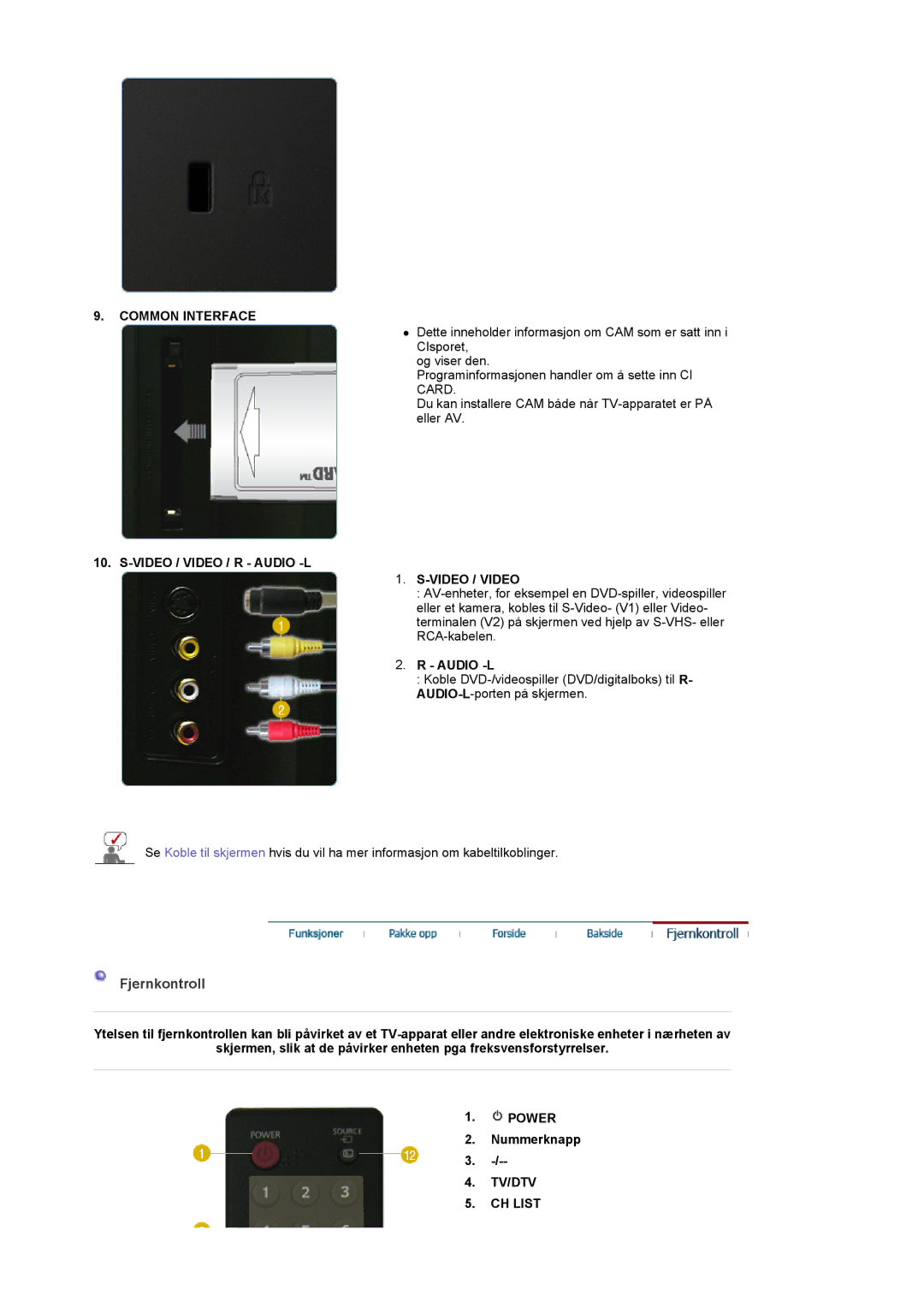 Samsung LS22CRDSF/EDC manual Fjernkontroll, Common Interface, Video / Video / R Audio -L, TV/DTV CH List 